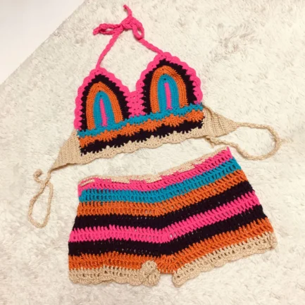 Ladies Summer Sexy Bikinis Set Beach Vacation Colorful Hand Crochet Knitted Bikini Set Push Up V Neck Bra With Padded Swimsuit - Image 5