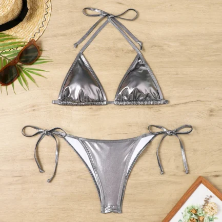 Women Bikini Sets Metallic Shiny String Push Up Padded Bra Thong 2 Pieces Swimsuit Set G-String T Back Thong Triangle Panty