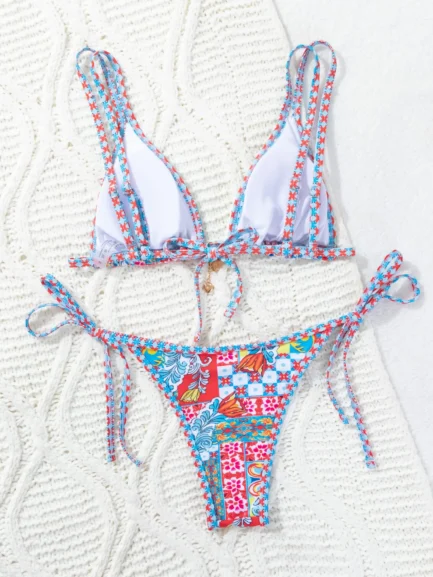 Colorful Printed Bikini Set for Women Sexy Thong Triangle Bra 2 Piece Swimsuit Suspender Backless Beach Vacation Swimwear 2024 - Image 2