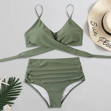 Solid Swimsuit for Women High Waist Bikini Swimwear Sexy Push Up Bra Soild Swimwears Tankinis Set Ruched Wrap Hip Triangle Panty - Image 11