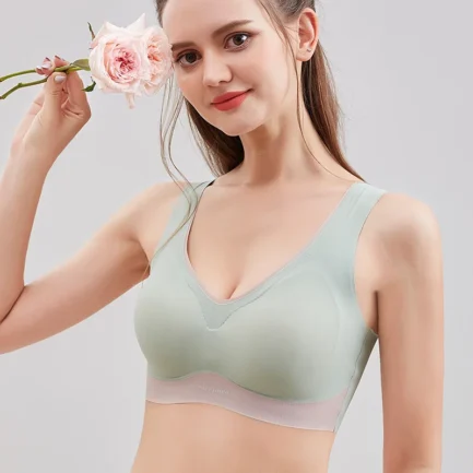 Elegant Seamless Latex Gathering Bra For Women Ice Silk Color Contrast Soft Breathable Underwear Anti-Slip Smooth Daily Bra - Image 11