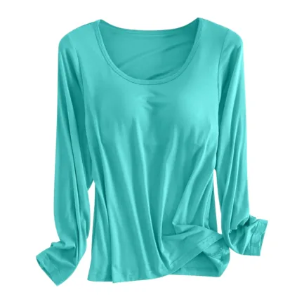 Built in Bra Padded Long Sleeve T Shirt Women Active Soft Casual Pajama Tops Tee Loose Fit Korean Home Round Neck Tee Shirt - Image 4