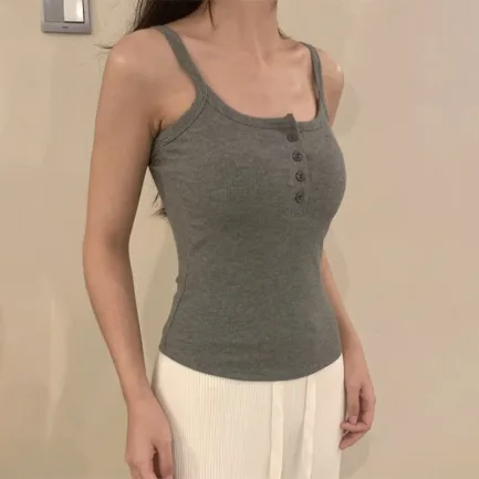 Button Bra Top Solid Color Slim Fit Thin Strap Tank Tops Women Summer Casual Sleeveless T-Shirt Vest with Chest Pads - Image 33