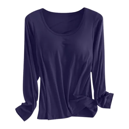 Built in Bra Padded Long Sleeve T Shirt Women Active Soft Casual Pajama Tops Tee Loose Fit Korean Home Round Neck Tee Shirt - Image 9