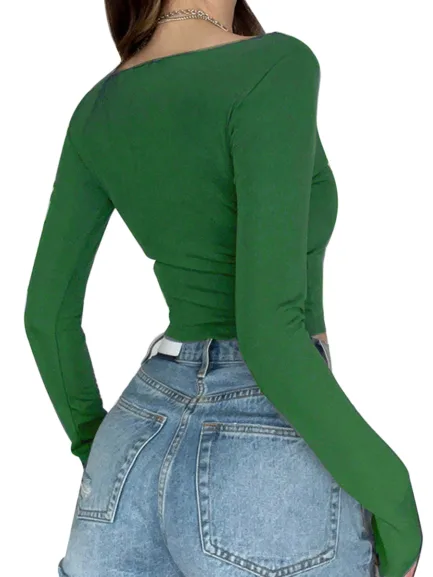 Women’s Square Neck Tops Gothic Cross Print Long Sleeve Fit T-Shirts Streetwear - Image 6