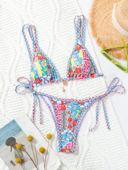 Colorful Printed Bikini Set for Women Sexy Thong Triangle Bra 2 Piece Swimsuit Suspender Backless Beach Vacation Swimwear 2024 - Image 5