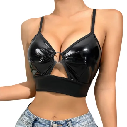 Women Sexy Glossy Leather Bra For Sex Hot Porn Sexy Lingerie Metal Ring Hollow Latex Push Up Bralette Tops Bra Women Clubwear - Image 8