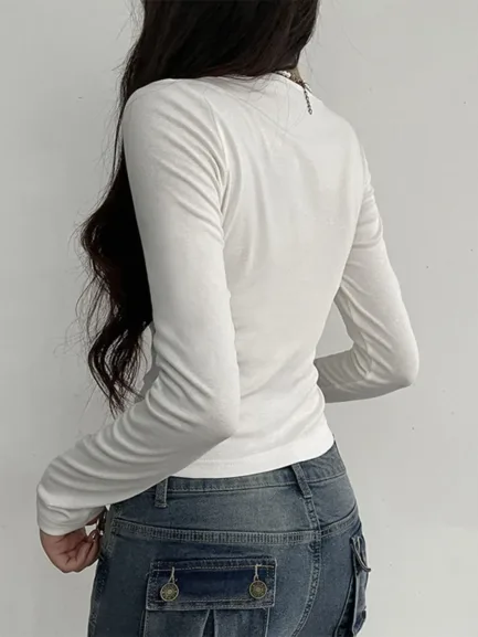 Women s Spring Autumn Fashion Tops White Long Sleeve Lace Trim Ruched Tie Up T-shirt - Image 6