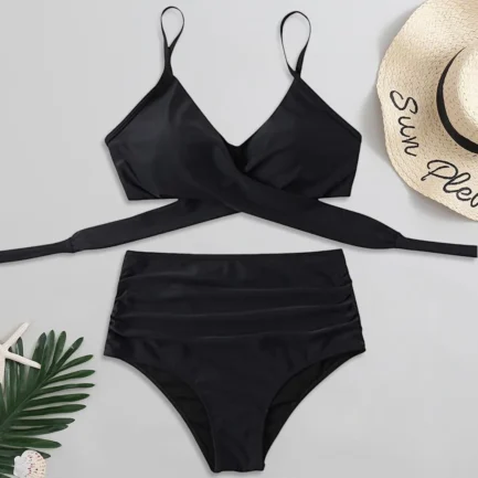 Solid Swimsuit for Women High Waist Bikini Swimwear Sexy Push Up Bra Soild Swimwears Tankinis Set Ruched Wrap Hip Triangle Panty - Image 8