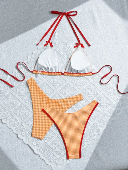 Women's Checkered Print Bikini 3 Piece Set Sweet Wind Bow Swimsuit Sexy Triangle Bra Halter Backless Beach Swimwear 2024 New - Image 12