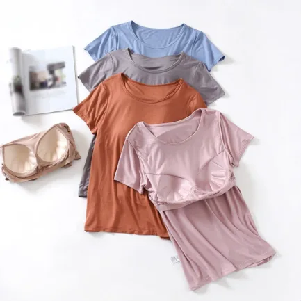 Women's One-Piece T-Shirt With Built In Bra Short-sleeved Slim Fit Soft Breathable Casual All-Matching Tops - Image 8