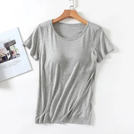 Women's One-Piece T-Shirt With Built In Bra Short-sleeved Slim Fit Soft Breathable Casual All-Matching Tops - Image 14