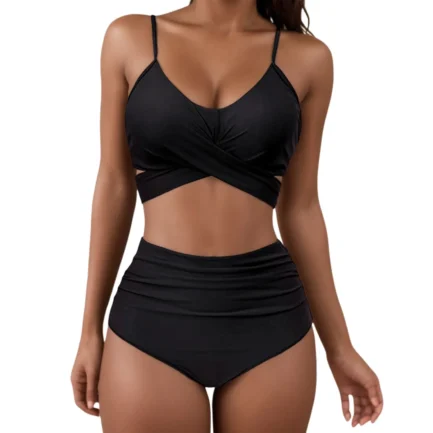 Solid Swimsuit for Women High Waist Bikini Swimwear Sexy Push Up Bra Soild Swimwears Tankinis Set Ruched Wrap Hip Triangle Panty - Image 6