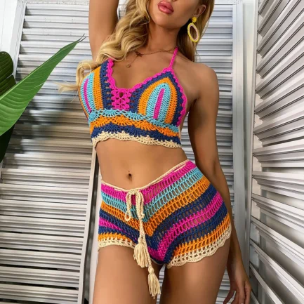 Ladies Summer Sexy Bikinis Set Beach Vacation Colorful Hand Crochet Knitted Bikini Set Push Up V Neck Bra With Padded Swimsuit - Image 13