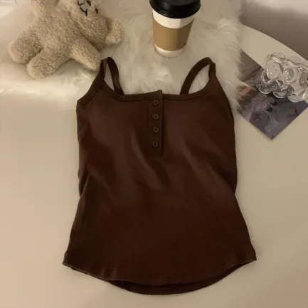 Button Bra Top Solid Color Slim Fit Thin Strap Tank Tops Women Summer Casual Sleeveless T-Shirt Vest with Chest Pads - Image 23