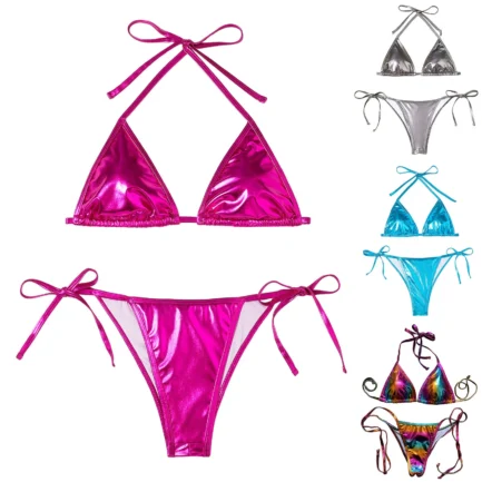 Women Bikini Sets Metallic Shiny String Push Up Padded Bra Thong 2 Pieces Swimsuit Set G-String T Back Thong Triangle Panty - Image 6