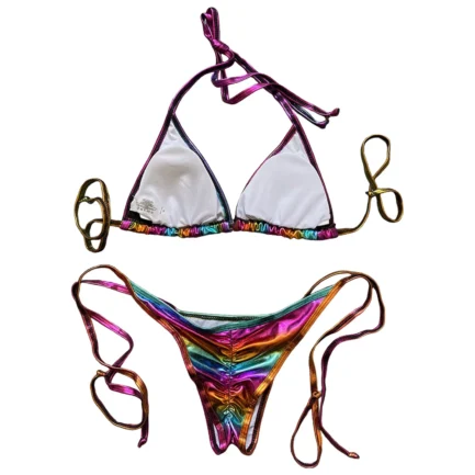 Women Bikini Sets Metallic Shiny String Push Up Padded Bra Thong 2 Pieces Swimsuit Set G-String T Back Thong Triangle Panty - Image 12