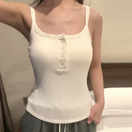 Button Bra Top Solid Color Slim Fit Thin Strap Tank Tops Women Summer Casual Sleeveless T-Shirt Vest with Chest Pads - Image 12