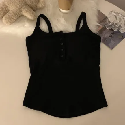 Button Bra Top Solid Color Slim Fit Thin Strap Tank Tops Women Summer Casual Sleeveless T-Shirt Vest with Chest Pads - Image 20