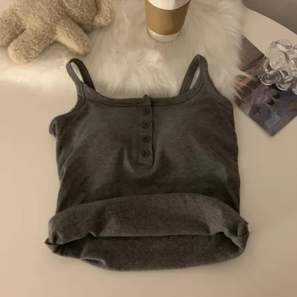 Button Bra Top Solid Color Slim Fit Thin Strap Tank Tops Women Summer Casual Sleeveless T-Shirt Vest with Chest Pads - Image 31
