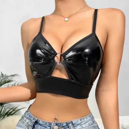 Women Sexy Glossy Leather Bra For Sex Hot Porn Sexy Lingerie Metal Ring Hollow Latex Push Up Bralette Tops Bra Women Clubwear - Image 13
