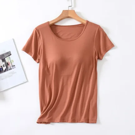 Women's One-Piece T-Shirt With Built In Bra Short-sleeved Slim Fit Soft Breathable Casual All-Matching Tops - Image 10