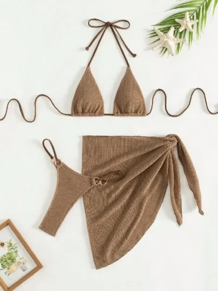 Sexy Brown Bikini Set 2024 Women Halter Push Up Bra Skirt 3 Piece Swimsuit Summer Bathing Suit Cover Up Thong Swimwear Biquini - Image 7