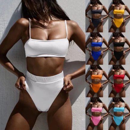 Women'S Solid Color Bikini Set Strapless Bandeau Bra High Waist Briefs Two Piece Swimwear Biquini Women'S Beach Swimming Suit - Image 7