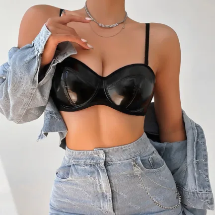 Leather Teddy Bodysuit Lingerie For Women Lingerie Sexy Cutout V Neck Lace Up Conjoined Babydoll With Thong Set Seamless Bra Set - Image 5