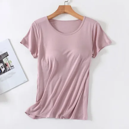 Women's One-Piece T-Shirt With Built In Bra Short-sleeved Slim Fit Soft Breathable Casual All-Matching Tops - Image 16