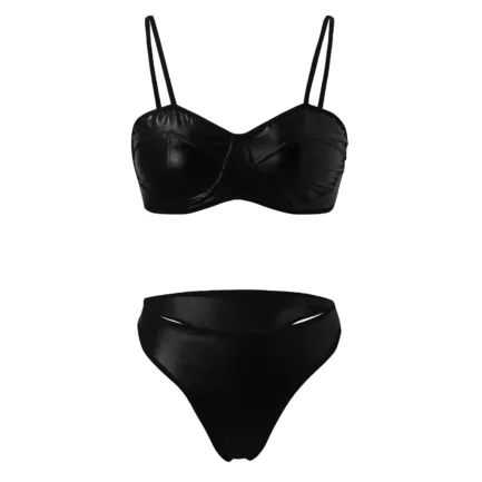 Leather Teddy Bodysuit Lingerie For Women Lingerie Sexy Cutout V Neck Lace Up Conjoined Babydoll With Thong Set Seamless Bra Set - Image 4