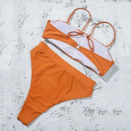 Women'S Solid Color Bikini Set Strapless Bandeau Bra High Waist Briefs Two Piece Swimwear Biquini Women'S Beach Swimming Suit - Image 29
