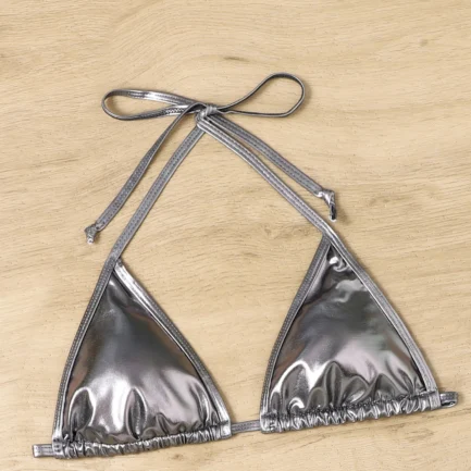 Women Bikini Sets Metallic Shiny String Push Up Padded Bra Thong 2 Pieces Swimsuit Set G-String T Back Thong Triangle Panty - Image 4
