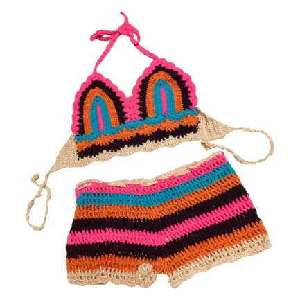 Ladies Summer Sexy Bikinis Set Beach Vacation Colorful Hand Crochet Knitted Bikini Set Push Up V Neck Bra With Padded Swimsuit - Image 7