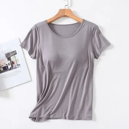 Women's One-Piece T-Shirt With Built In Bra Short-sleeved Slim Fit Soft Breathable Casual All-Matching Tops - Image 11