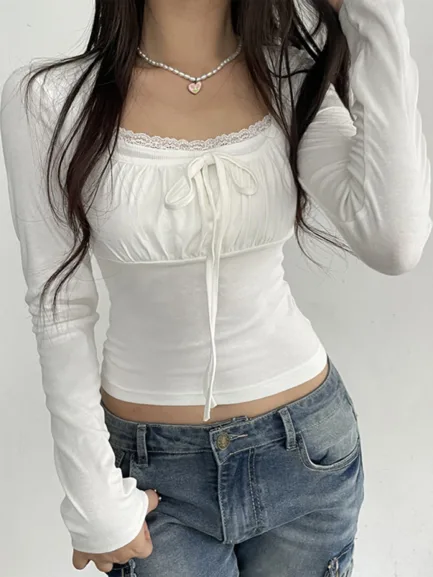 Women s Spring Autumn Fashion Tops White Long Sleeve Lace Trim Ruched Tie Up T-shirt - Image 12