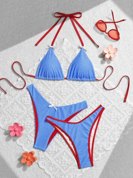 Women's Checkered Print Bikini 3 Piece Set Sweet Wind Bow Swimsuit Sexy Triangle Bra Halter Backless Beach Swimwear 2024 New - Image 7