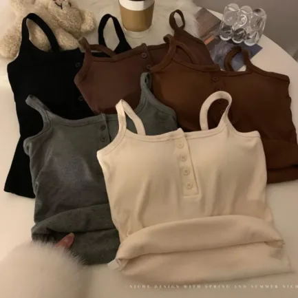 Button Bra Top Solid Color Slim Fit Thin Strap Tank Tops Women Summer Casual Sleeveless T-Shirt Vest with Chest Pads - Image 40