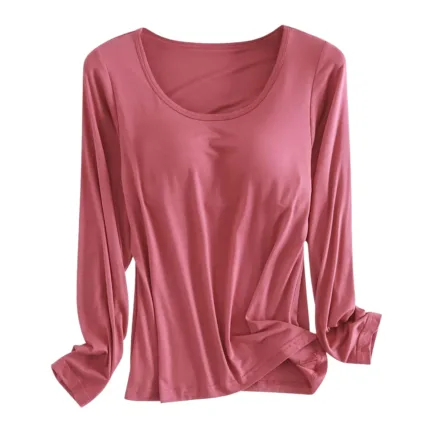 Built in Bra Padded Long Sleeve T Shirt Women Active Soft Casual Pajama Tops Tee Loose Fit Korean Home Round Neck Tee Shirt - Image 2