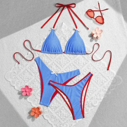 Women's Checkered Print Bikini 3 Piece Set Sweet Wind Bow Swimsuit Sexy Triangle Bra Halter Backless Beach Swimwear 2024 New - Image 8