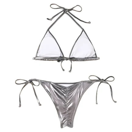 Women Bikini Sets Metallic Shiny String Push Up Padded Bra Thong 2 Pieces Swimsuit Set G-String T Back Thong Triangle Panty - Image 14
