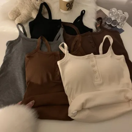 Button Bra Top Solid Color Slim Fit Thin Strap Tank Tops Women Summer Casual Sleeveless T-Shirt Vest with Chest Pads - Image 42
