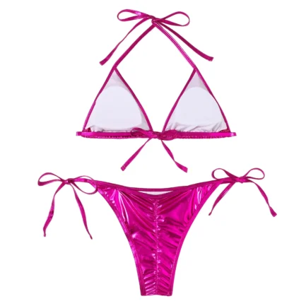 Women Bikini Sets Metallic Shiny String Push Up Padded Bra Thong 2 Pieces Swimsuit Set G-String T Back Thong Triangle Panty - Image 10