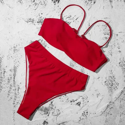 Women'S Solid Color Bikini Set Strapless Bandeau Bra High Waist Briefs Two Piece Swimwear Biquini Women'S Beach Swimming Suit - Image 26