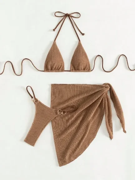 Sexy Brown Bikini Set 2024 Women Halter Push Up Bra Skirt 3 Piece Swimsuit Summer Bathing Suit Cover Up Thong Swimwear Biquini - Image 8