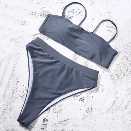 Women'S Solid Color Bikini Set Strapless Bandeau Bra High Waist Briefs Two Piece Swimwear Biquini Women'S Beach Swimming Suit - Image 43