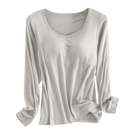 Built in Bra Padded Long Sleeve T Shirt Women Active Soft Casual Pajama Tops Tee Loose Fit Korean Home Round Neck Tee Shirt - Image 11