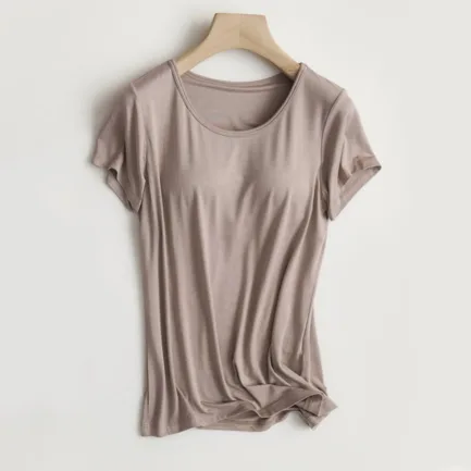 Builtin Bra T Shirt For Womens Padded Active Tops Short Sleeves Blouses Soft Pajama Casual Shirts For Workout Yoga Ropa De Mujer - Image 14