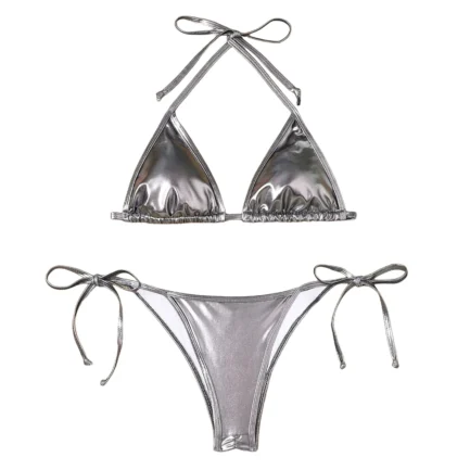 Women Bikini Sets Metallic Shiny String Push Up Padded Bra Thong 2 Pieces Swimsuit Set G-String T Back Thong Triangle Panty - Image 13