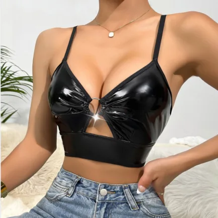 Women Sexy Glossy Leather Bra For Sex Hot Porn Sexy Lingerie Metal Ring Hollow Latex Push Up Bralette Tops Bra Women Clubwear - Image 11